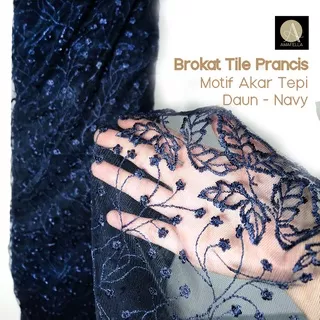 1/2 meter Kain Brokat Tile Prancis Bahan Kebaya Motif Akar Navy Blue