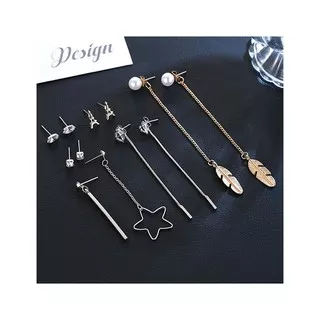 LRC Anting Set Fashion Gold Color+silver Color Feather&star Pendant Decorated Earrings(12pcs)