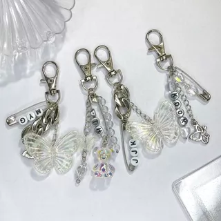 custom beads silver clear double lines keychain/ gantungan kunci kpop/ phone strap butterfly kupu kupu