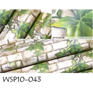 Wallpaper Sticker 45cmX10m Motif Batu Bata Putih Daun Hijau dekorasi dinding