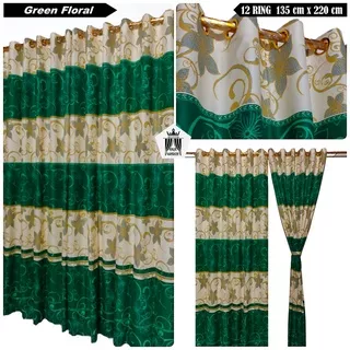 Gorden Smokring 12 Ring Hordeng Pintu Kamar Jendela Ruang Tamu Korden Tirai Smokering Motif Bunga Batik Hijau Sultan Green Floral Ukuran Lebar Tinggi 135 x 220 Cm Minimalis Aestetic