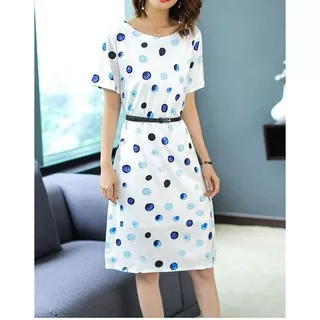 22639 White Blue Dot Dress with Belt