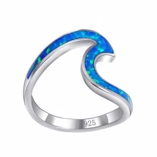 925 Sterling Silver Wave Design Ocean Blue Fire White Stone Personality Charm Ring Size 5-12