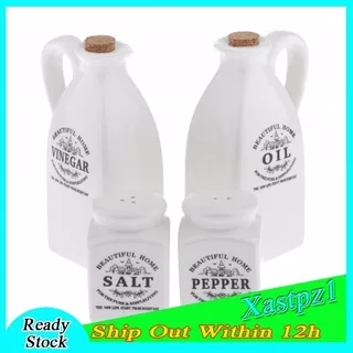 Ready Stock 4Pcs White Ceramic Cruet Set for Oil Vinegar Salt Pepper Kitchen Tool Gadget