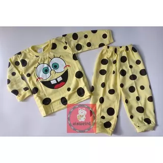 PY02 Setelan Baju Tidur Bayi Tangan Panjang Piyama Bayi Lengan Panjang Gambar Spongebob Merek Yeiko