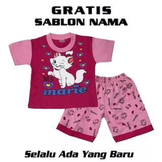 Baju Setelan Anak Perempuan Pink Gambar Marie Cat Gratis Sablon Nama