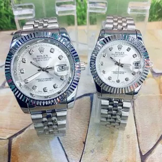 BISA COD / Jam Tangan Analog Couple ROLEX Fitur Tanggal Aktif Strap Rantai Free Box Original & Baterai