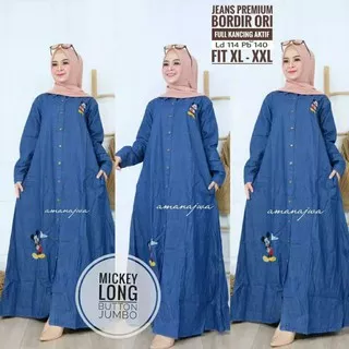 GAMIS JEANS KANCING PREMIUM | GAMIS JEANS KANCING BORDIR MICKEY | GAMIS JEANS BORDIR PREMIUM