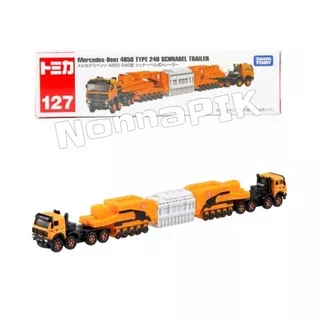 Mainan Truk, Tomica Long 127 Mercedes Benz 4850 Type 240 Schnabel Trailer