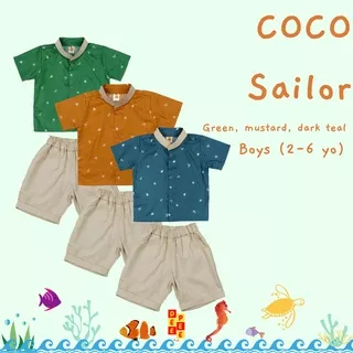 Baju setelan anak laki-laki COCO SAILOR | Baju atasan dan celana anak laki-laki kerah koko umur 1 2 3 4 5 6 tahun warna hijau, biru teal, dan orange mustard