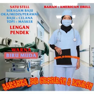 Baju seragam oka lengan pendek biru muda / Baju oka operasi / Baju oka perawat / Baju oka bidan