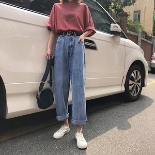 Celana Panjang Model Longgar Lebar Lurus High Waist Bahan Jeans Untuk Wanita