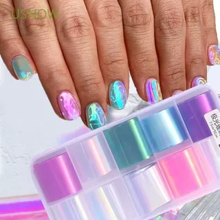 USNOW Colorful Nails Art Decoration Nail Stickers Laser Cellophane Aurora Broken Glass Foils Mirror Glitter Decal Transfer Paper DIY 1 Box/set Manicure Tools Nail Foil Film