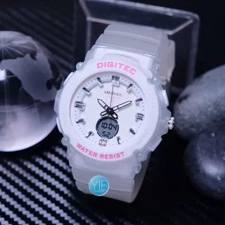 Jam Tangan Digitec Wanita Terbaru 2022 Model Sport Fashion BDA 4110 T Warna Putih Transparan Dual Time Original Garansi Anti Air Untuk Renang Strap Karet Stopwatch, Alarm, Lampu LED