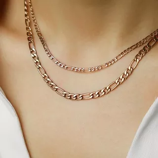 Rose Gold Figaro Link Chain Choker Necklace — Rose Gold Plated Stainless Steel Kalung Anti Karat