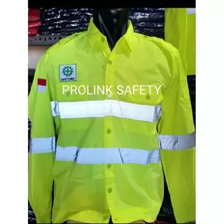 BAJU SAFETY SERAGAM KERJA ATASAN KAIN DRILL KANCING FREE LOGO K3 BENDERA LARIS WARNA STABILO HIJAU