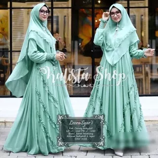 Leora Gamis Dress Syari + Khimar Bahan Ceruty Baby Doll Mix Renda Daily Dress Kondangan Gamis Seragam Pengajian Pernikahan Syar`i Mewah Simpel Busui Pergelangan Tangan Kerut Khimar 2 Layer LD 110 cm PB 140 cm Warna Army Dusty Pink Mint Lime