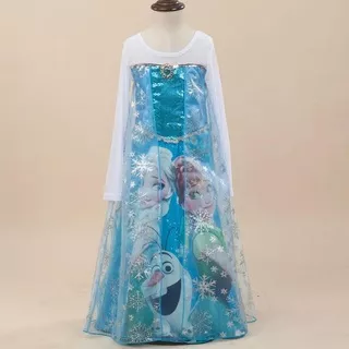 Gaun Dress kostum Frozen Full Print gambar Elsa dan Anna