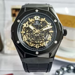 (COD) Jam Tangan Pria Original FORSINING Astro Hitam Black Tali Kulit Leather Gold Skeleton Automatic Otomatis Mekanik Mechanical Anti Air Water Resist