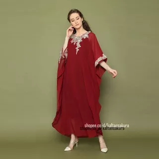 TERLARIS !! kaftan payet bordir bunga warna merah maroon maxi dress cantik bahan siffon lebaran 2021