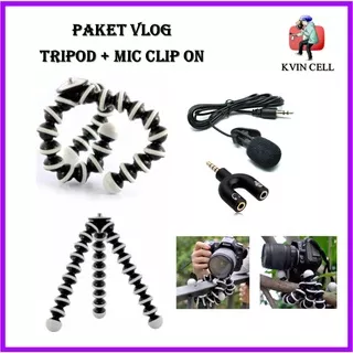 Paket Youtuber Vlog Clip On Microphone Audio Splitter Tripod Gorilla S M L - [Paket Vlog 3 IN 1 NEW]