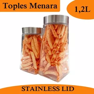 Toples Kaca Tutup Stainless 1,2 Liter/ Toples Menara / Toples Kaca/ Toples Cemilan / Toples Biskuit / Toples Makanan/Toples Biji Kopi