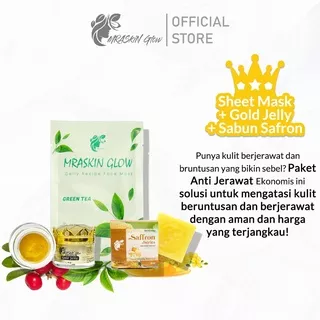Paket Anti Jerawat Ekonomis Bpom - Gold Jelly + Sabun Saffron Madu Manuka + Sheet Mask Green Tea
