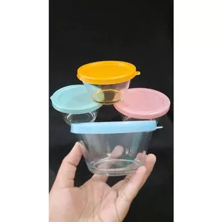 Mangkok kaca tutup plastik souvenir/mangkok mpasi/tempat bubur bayi/mini mix bowl model v