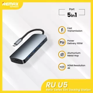 Remax TypeC 5-in-1 Converter Hub port USB 3.0, Port HDMI 4K, Port Pengisian USB-C 100W RU-U5