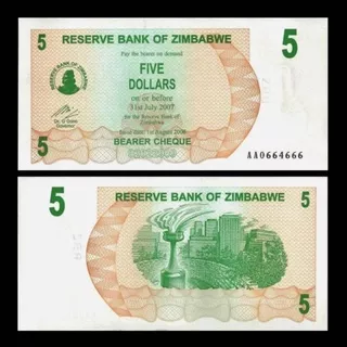 ZIMBABWE 5 DOLLAR 2006/07 UNC BEARER CHEQUE UANG ZIMBABWE ORIGINAL