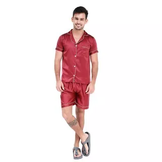 Hamlin Klicin Setelan Baju Tidur Piyama Pria Three Quarters One Set Pajamas Material Satin - Red