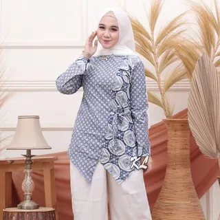 Atasan Blouse Batik Wanita Resleting Depan Busui Bahan Katun Motif Indigo Biru Putih M L XL XXL