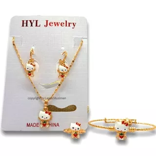 Set Perhiasan Xuping Anak Hello Kitty Gold Udah Dapat Kalung, Gelang, Cincin Dan Anting Cantik