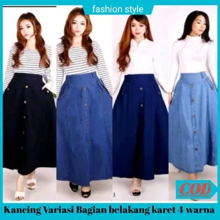 Rok Jeans Panjang Wanita Denim Pinggang Karet Model Payung Lebar Kancing  Androk Original