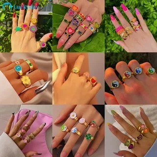 Retro Colorful Gold Rings Fashion Oil Dripping Ring Love Heart Flower Geometric Finger Ring for Women Accessories Jewelry Gift