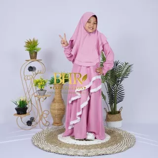 Bisa COD Gamis Anak Syari Polos Renda Set Khimar warna Pink (Bahan Wollycrepe)