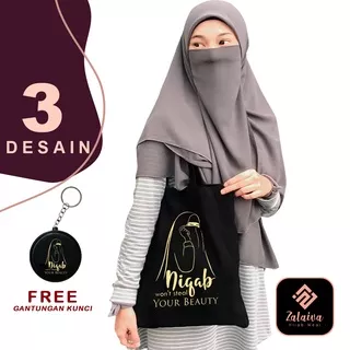 Tas Tote Bag Muslimah Islami ?? Totebag Semi Canvas Gambar Motif Niqab Cadar / Perekat dan Resleting