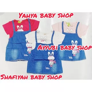 Dress Overall Anak Motif Rabbit Bahan Levis / Overall Jeans Import Anak Cewe Sablon Kelinci -Shafiya