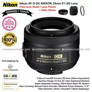 Nikon AF-S DX NIKKOR 35mm f/1.8G DX Lens + Filter 52mm + Lens Hood Berkwalitas