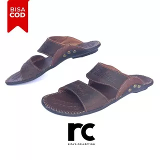 SANDAL PRIA KULIT ASLI BERKUALITAS HARGA MURAH BERMUTU MODEL HARLEY SLOP 2BAN TAN-rita.collection