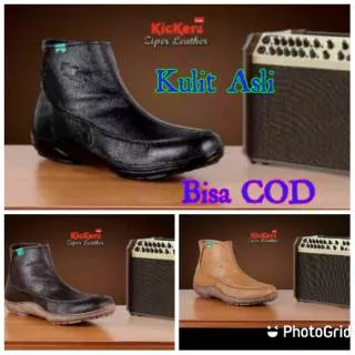 [COD] SEPATU BOOTS KULIT ASLI PRIA COWOL RESLETING KERJA KANTOR | KICKERS ZIPPER HITAM 39-43