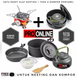 Cooking Set Plus Teko/Ceret Wajan Dan Kompor Portable DS308 & Camping Stove K202 Nesting Outdoor