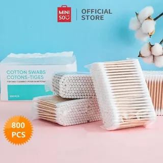 MINISO Cotton Swabs 800pcs Cotton Buds Katun Swabs kapas Korek Kuping Penyeka Kayu Tongkat Wooden Stick Double Head Portabel