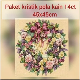 paket kristik pola kain bunga mawar wreath roses cross stitch 14ct
