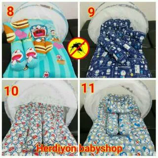 Set kasur bayi kelambu lipat doraemon bantal anti peyang guling babybess bess karakter