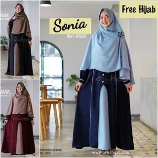 Sonia Syari FREE HIJAB - Dress Baju Gamis Busui Syari Wanita Kondangan Warna Polos Biru Muda Biru Tua Navy Merah Maroon Hitam Black Choco Coklat Muda Tua Milo Moka Mocca Coksu Latte Cream