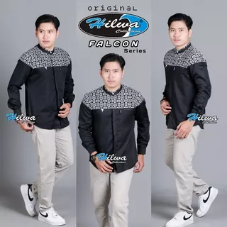 Baju Koko Warna Hitam HILWA COLLECTION Motif Falcon Baju Muslim Pria Lengan panjang Kemeja Kombinasi Batik Seragam Hadroh Premium