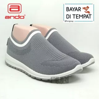 FIURI - ANDO Siera Original Grey White - Sepatu Olahraga Lari Wanita - Sepatu Sekolah - Sepatu Ando - Sepatu Sneakers Kuliah Senam Gym Jogging Sport Wanita - Sepatu Casual - Sepatu Rajut Slip On - Fashion Wanita Sneakers Wanita