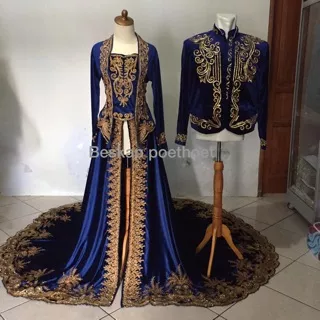 Kebaya pengantin jawa dan beskap solo hewes bludru rok lebar navy gold free selop