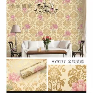 Wallpaper Dinding Motif Batik Gold Bunga Pink 10m x45cm